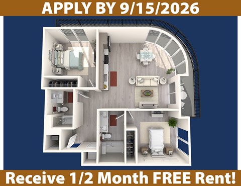 Floor plan for 2 beds, 2 baths, 1054 sqft